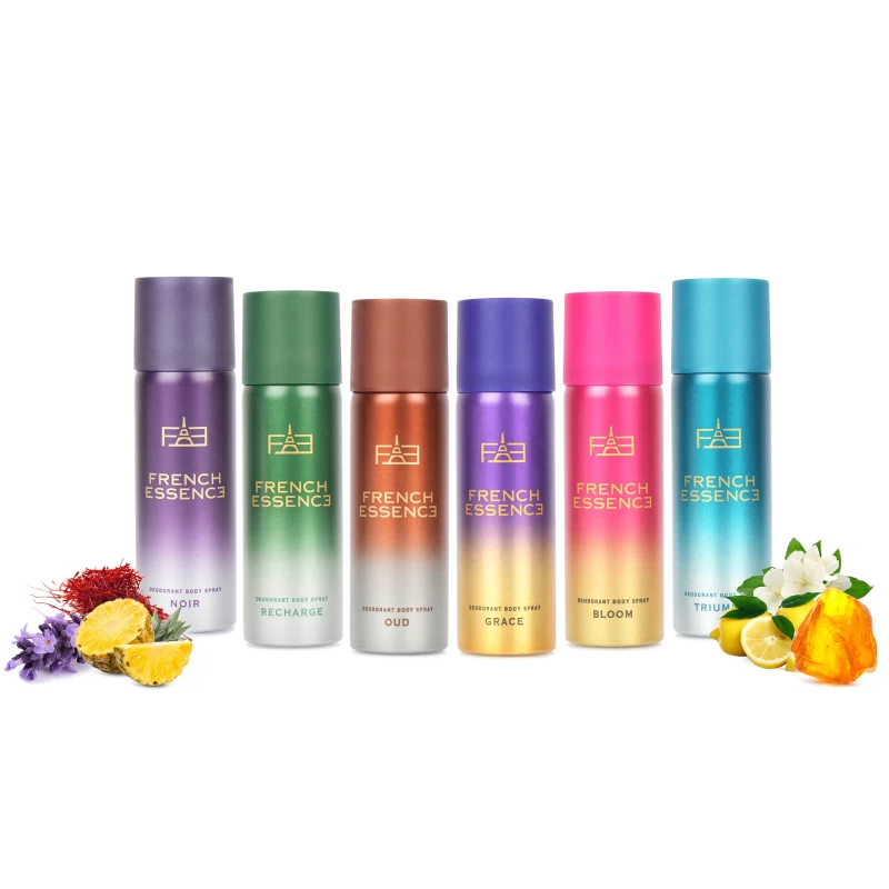 FRENCH ESSENCE Deodorant Body Spray For Men & Women 50ML, Long Lasting Unisex Perfume (Pack of 6 (Bloom, Grace, Noir, Oud, Recharge,Triumph))