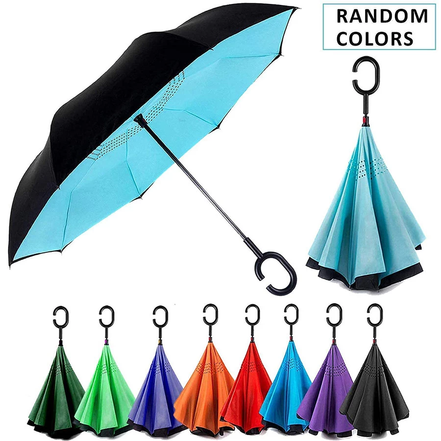 promise plus group Double Layer Inverted Colourful Umbrella for Men-Women with C-Shaped Handle Anti UV Protection Waterproof-Windproof Car Rain Outdoor Use Umbrella (Random Colors) (C- Shape Umbrella)