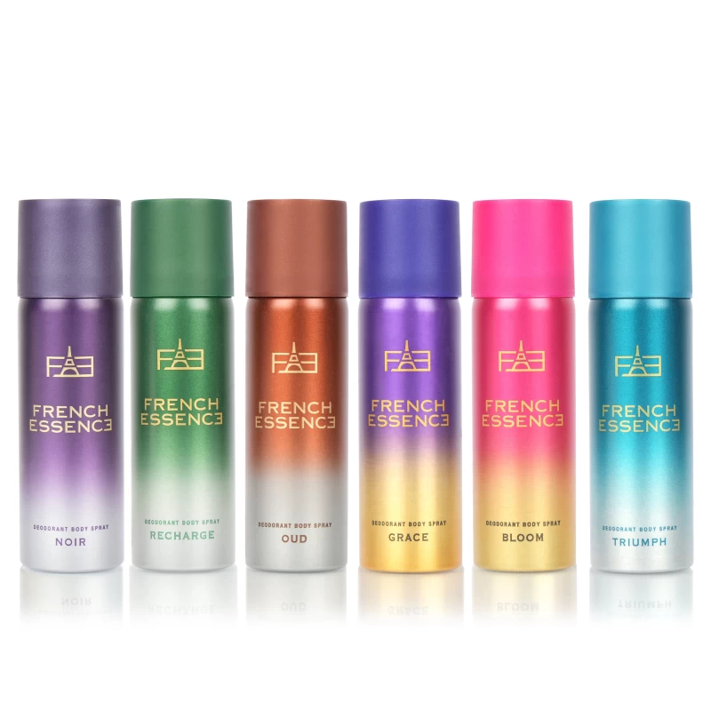 FRENCH ESSENCE Deodorant Body Spray For Men & Women 50ML, Long Lasting Unisex Perfume (Pack of 6 (Bloom, Grace, Noir, Oud, Recharge,Triumph))