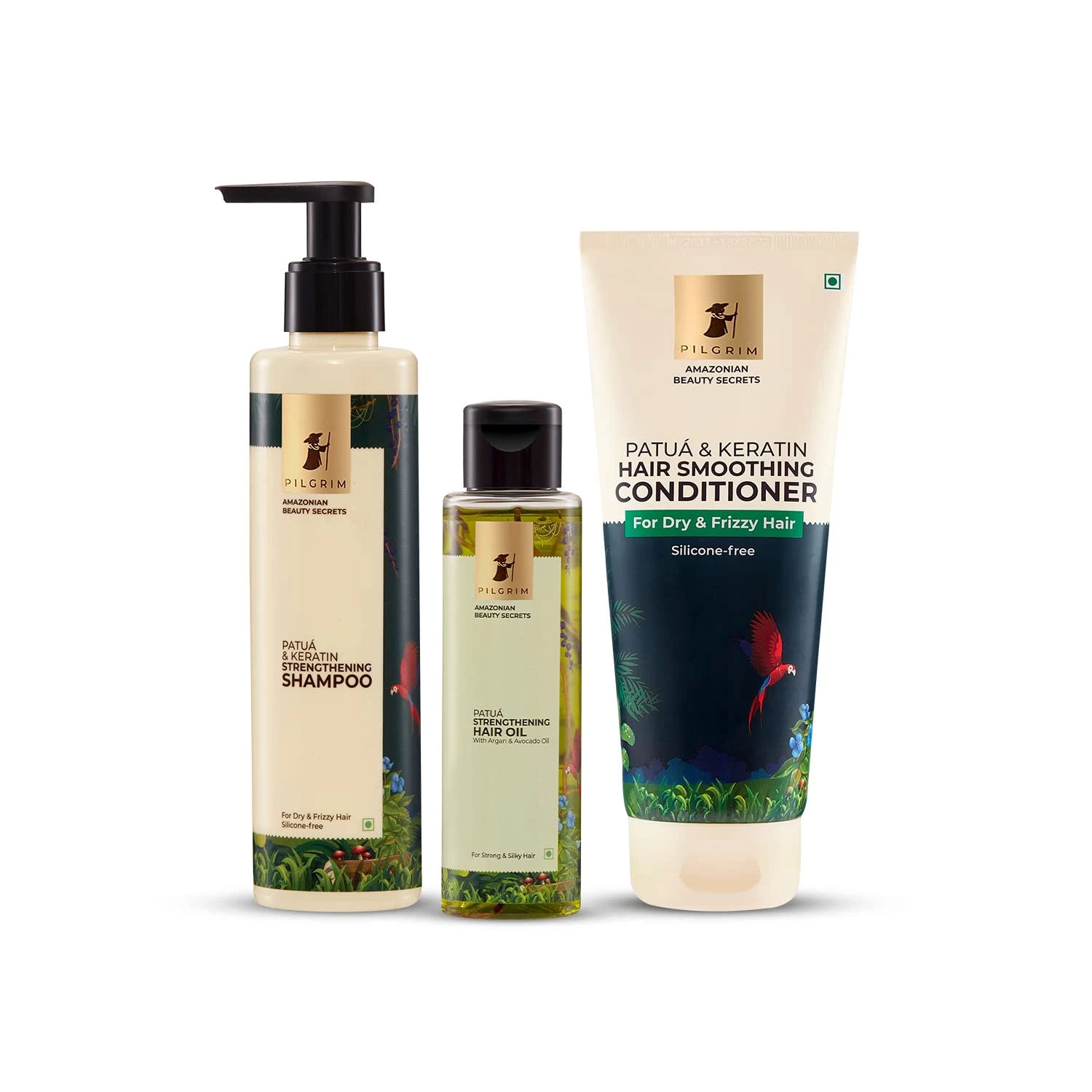 Pilgrim Amazonian Patuá Hair Essentials Ritual for Frizzy Hair with FREE JUTE BAG |Patuá Hair Oil (115 ml) + Patuá & Keratin Shampoo (200 ml) + Patuá & Keratin Conditioner (200 ml)|Healthy shiny hair.