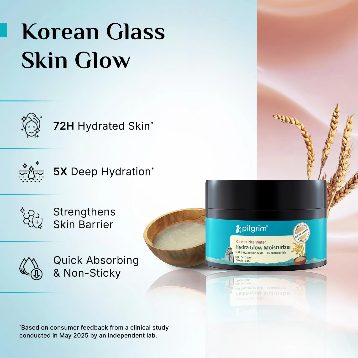 Pilgrim Korean Light Gel Oil Free Hydra Glow Moisturizer Cream 50 g| With Hyaluronic Acids, 3% Niacinamide, Rice Water for 5x Hydration & Instant Glass Skin | Hydrating Gel for All Skin Type