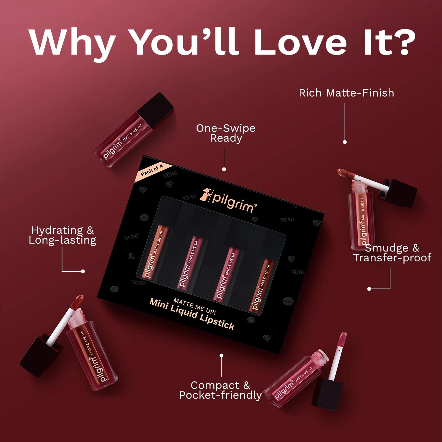 Pilgrim Matte Mini Liquid Lipstick 4 in 1 Pack Smudgeproof, Hydrating & Lightweight (Always on Top, 4 ml)