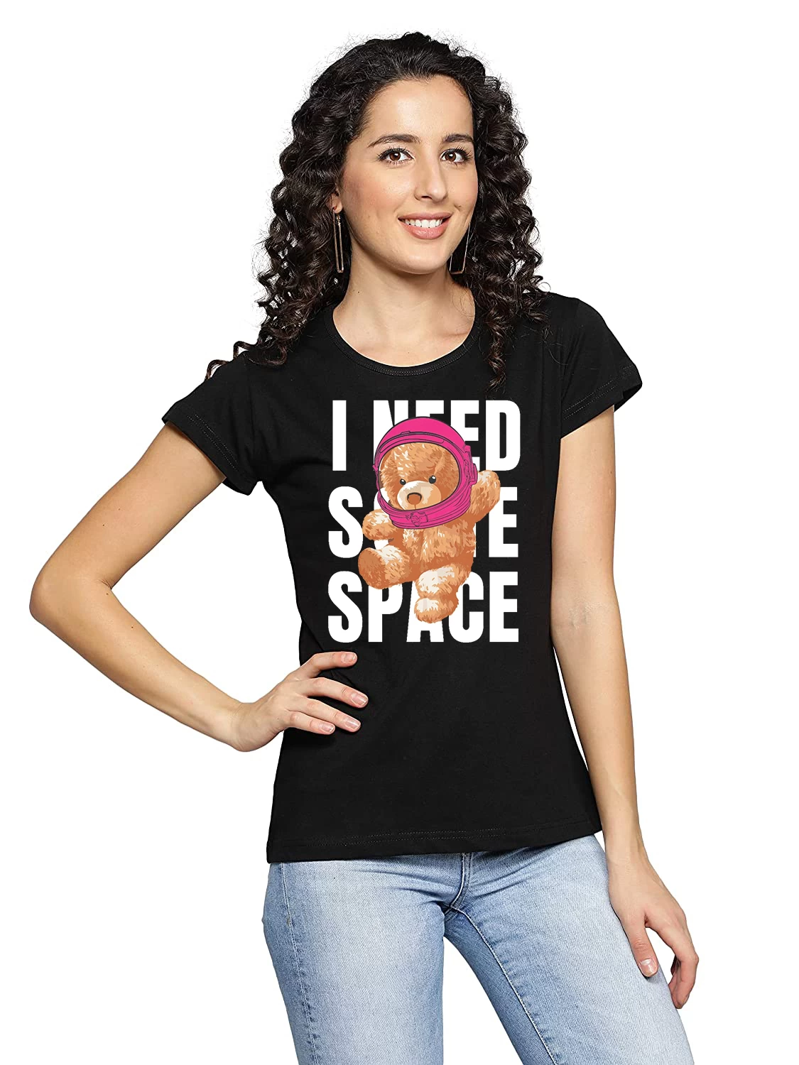 Women's Black Need Space Teddy Graphic Printed T-shirt