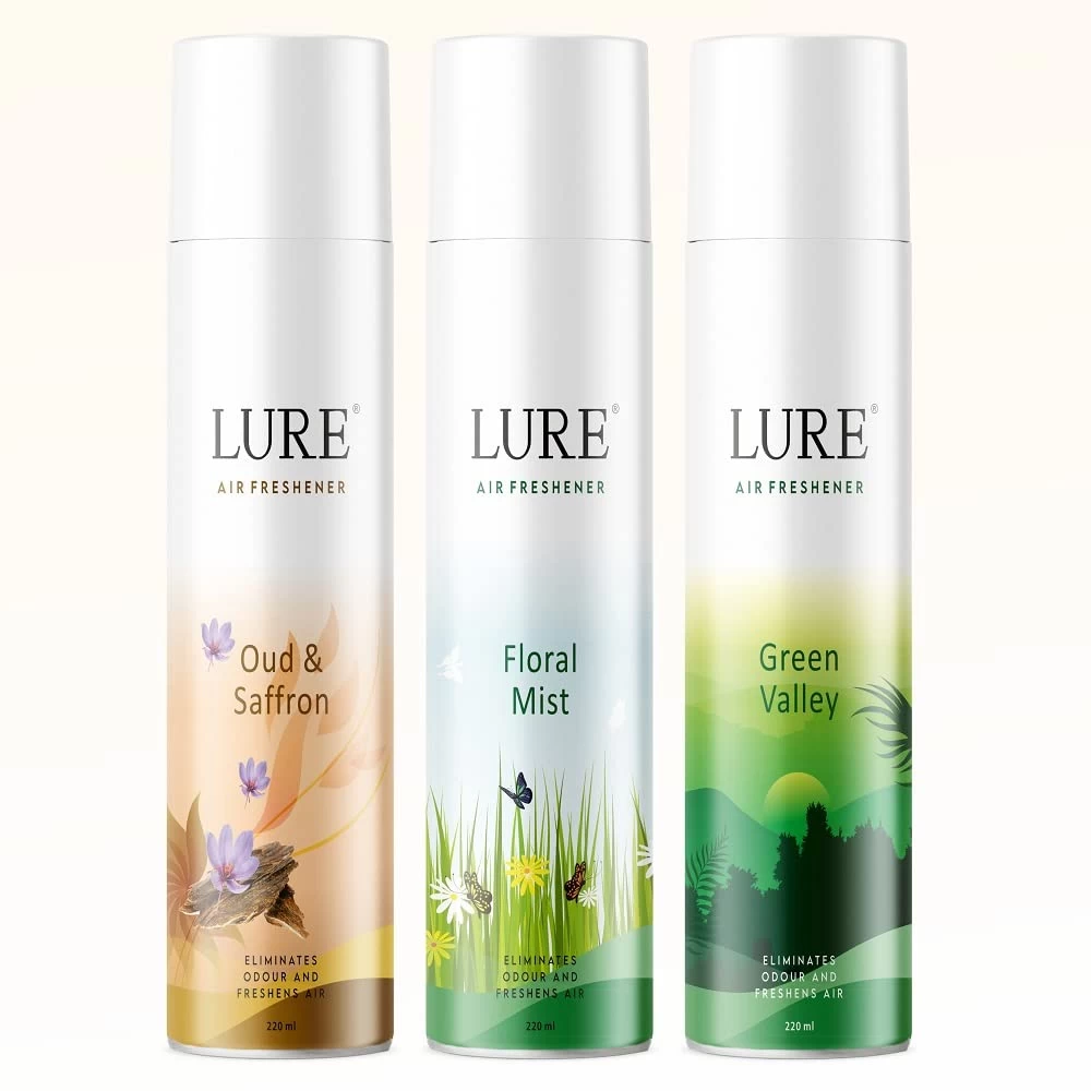 Lure Room Freshener | Air Freshener for Home And Office - Oud & Saffron, Floral Mist, Greenvally (220ml Each, Pack of 3)