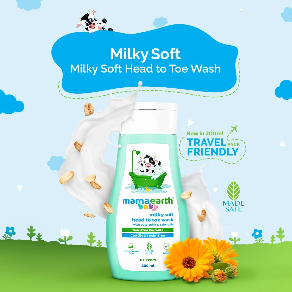 Mamaearth Milky Soft Head to Toe Wash With Oats, Milk, and Calendula for Babies- 200 ml |2-in-1 Tear-Free Body Wash & Shampoo | Moisturizes and Soothes Skin | Travel-friendly