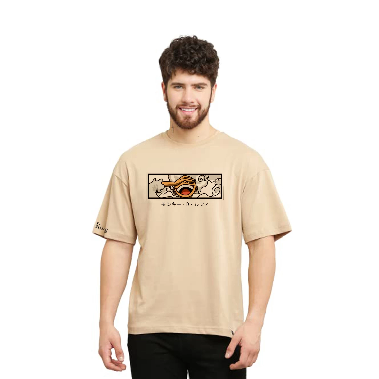 Men Graphic Print Round Neck Cotton Blend Beige T-Shirt