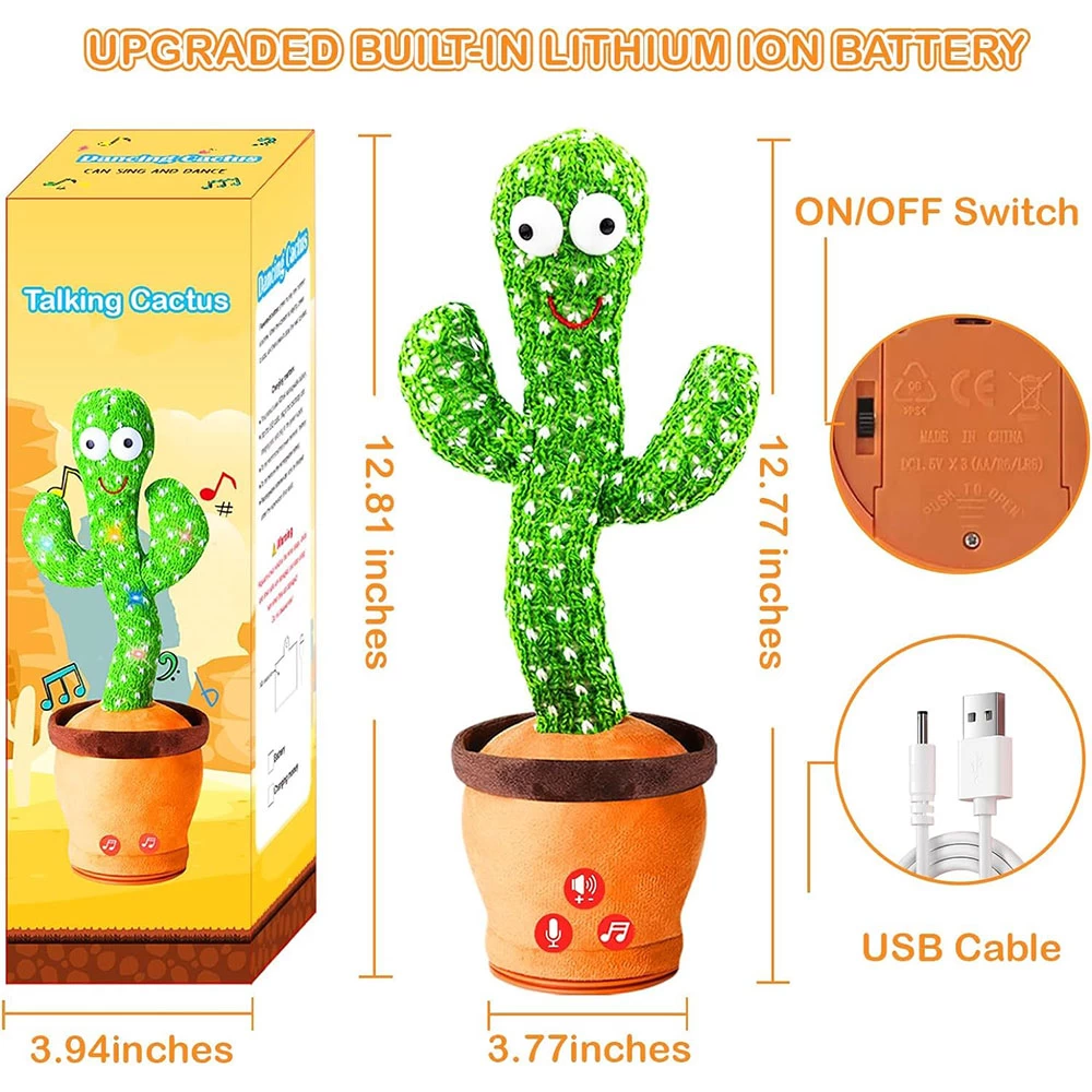 Dancing Cactus Toy for Kids (1 Year Warranty) Talking Singing Children Baby Plush Electronic Toys Voice Recording Repeats What You Say LED Lights
