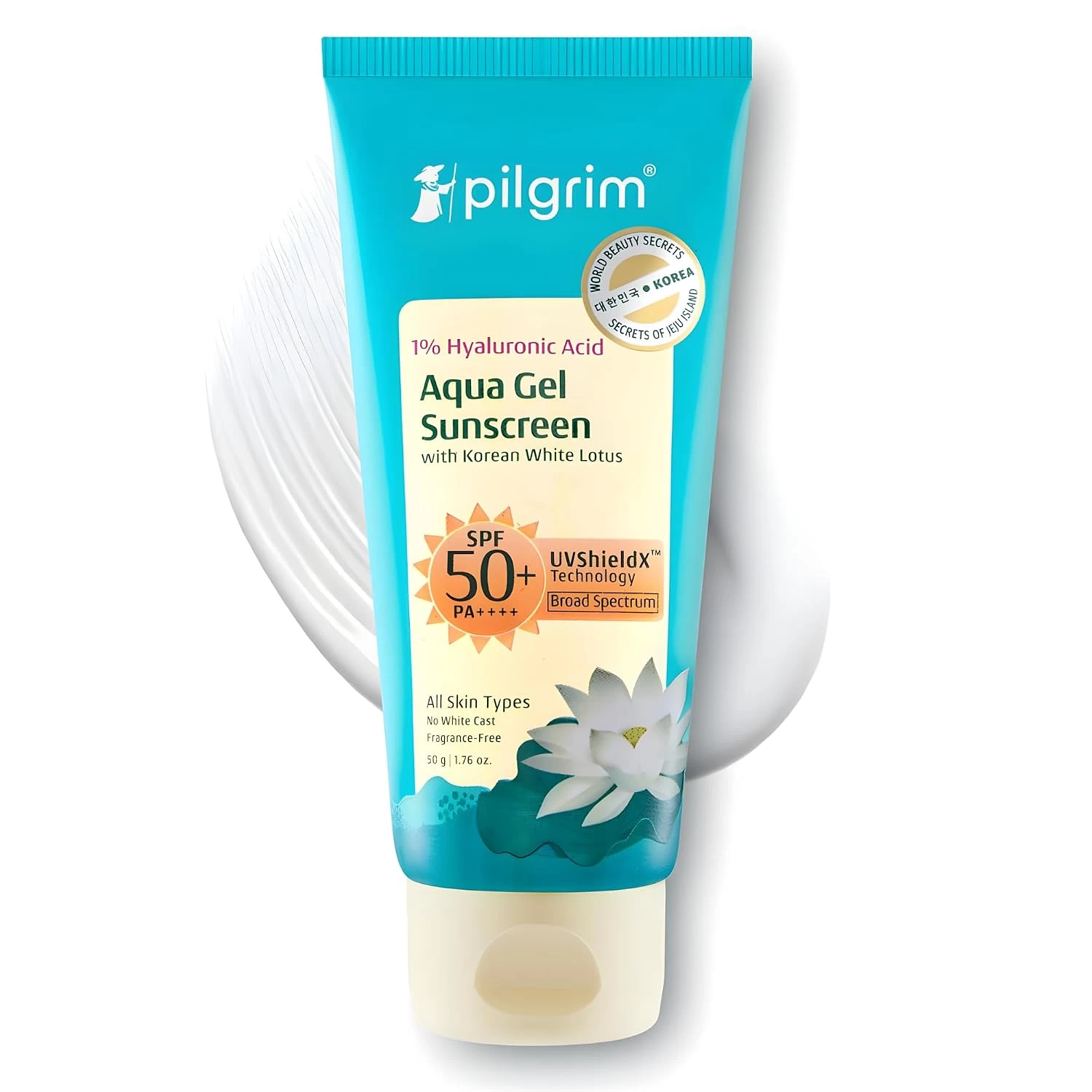 Pilgrim 1% Hyaluronic Acid Sunscreen Gel | Sunscreen SPF 50 +++ for men and women with Korean White Lotus | Broad spectrum, Non-greasy, No white cast & Prevents Tanning | All skin types | 50 gm