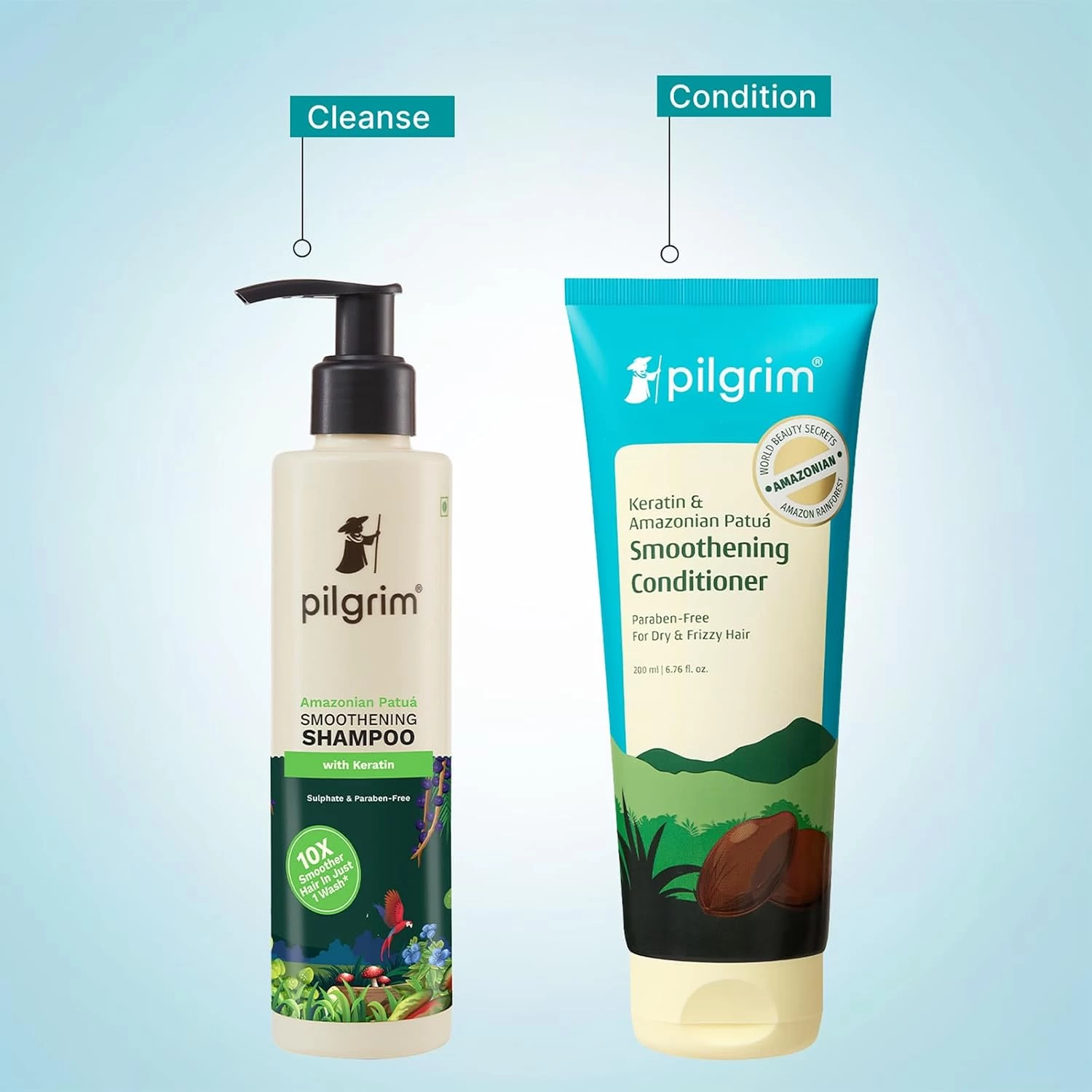Pilgrim Patua & Keratin Hair SMOOTHENING SHAMPOO for Dry & Frizzy hair 200 ml & Amazonian Patuá & Keratin Hair Smoothing Conditioner-Unscented- For Dry & Frizzy Hair With Sacha Inchi