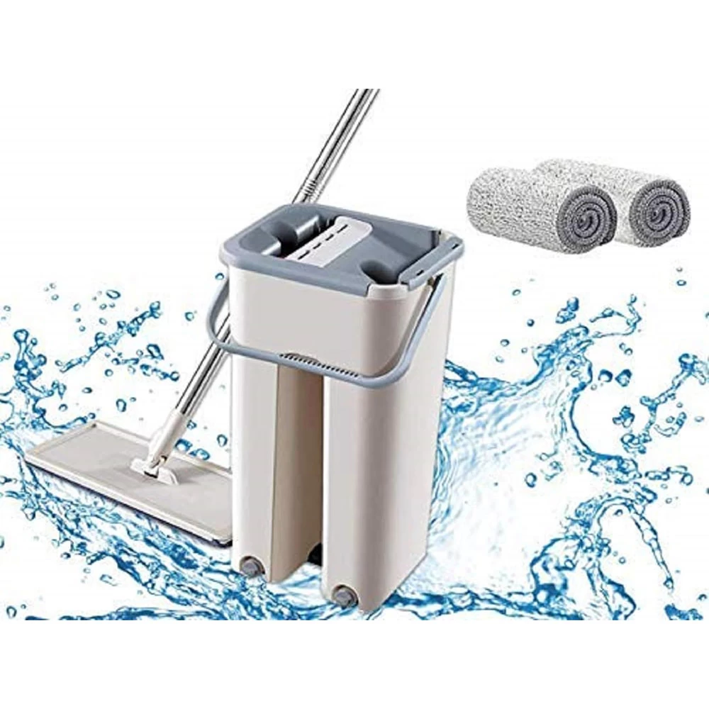 Heavy Quality Flat Squeeze Floor Mop with Bucket Set (with 360° Flexible Head & 2 Reusable Pads)