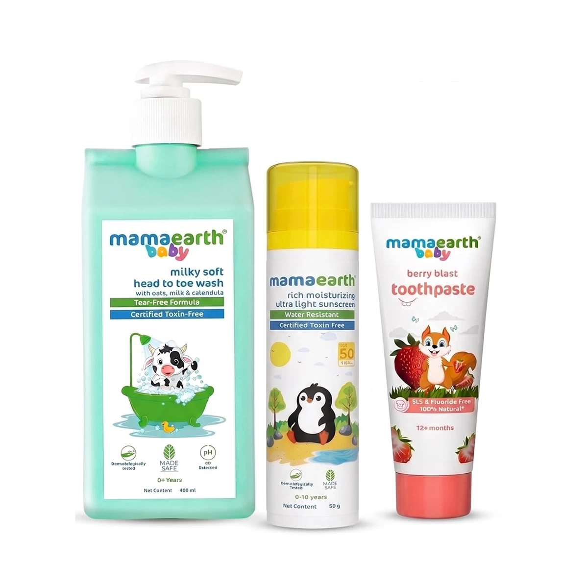 Mamaearth Baby Daily Care Combo | Milky Soft Head-to-Toe Wash + Ultra Light SPF 50 PA++++ Sunscreen + Berry Blast Kids Toothpaste | Complete Bath, Sun & Oral Care