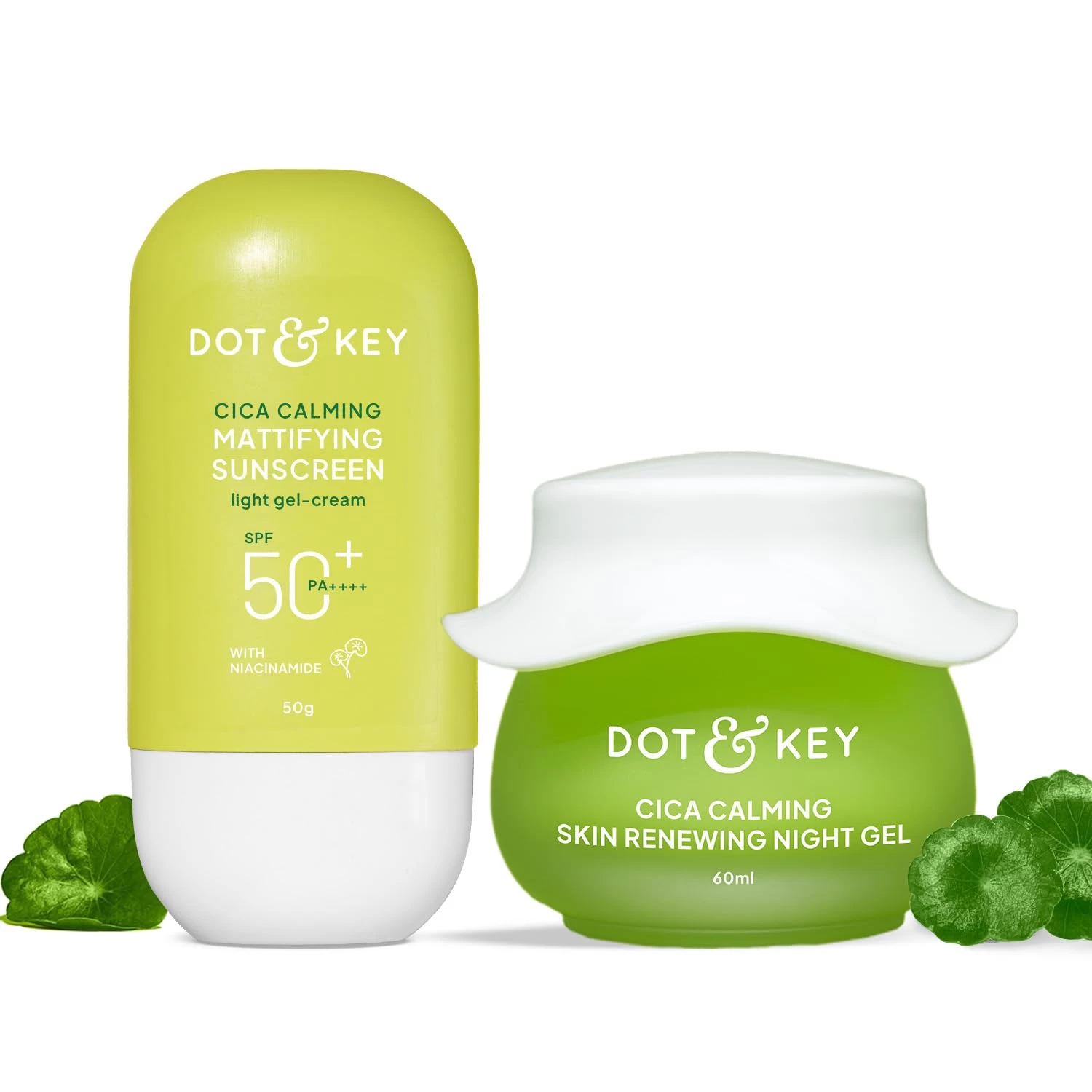 Dot & Key Heal, Soothe & Protect Cica Skin Care Combo (Sunscreen 50gm, SPF 50 & Night Gel 60ml) | For Oily, Acne Prone & Sensitive Skin | For Women & Men