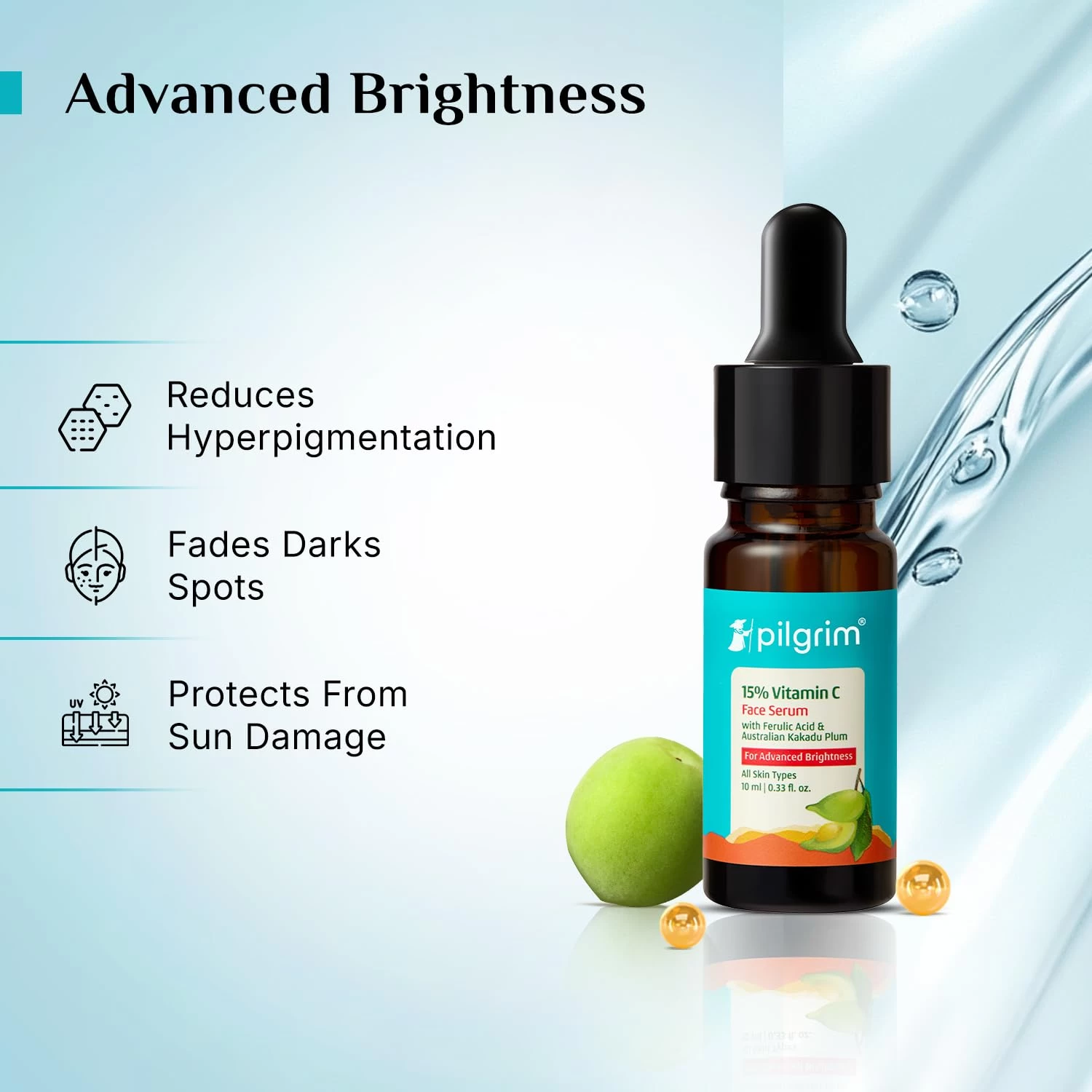 Pilgrim 15% Vitamin C Serum  for Glowing Skin with Ferulic Acid & Kakadu Plum | Advanced Dark Spot Corrector, Hyperpigmentation & Brightening Face Serum | For All, Combination, Normal Skin