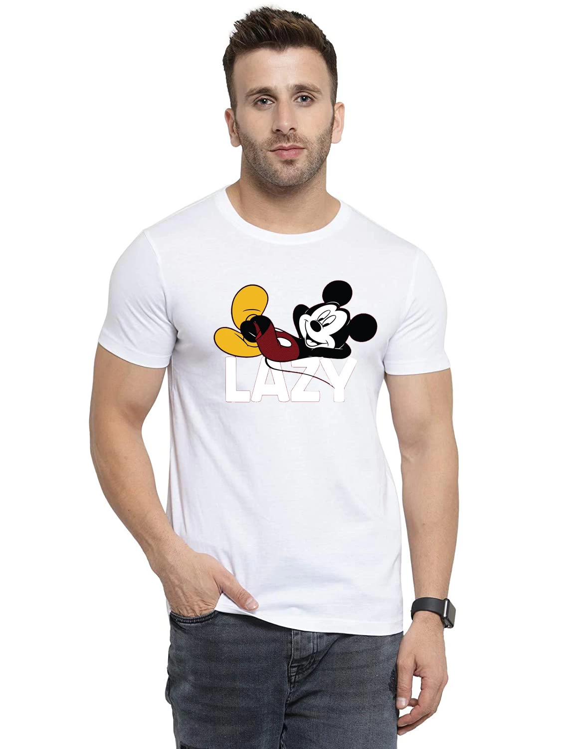 Mickey Mouse Family Men Printed Round Neck Pure Cotton White T-Shirt