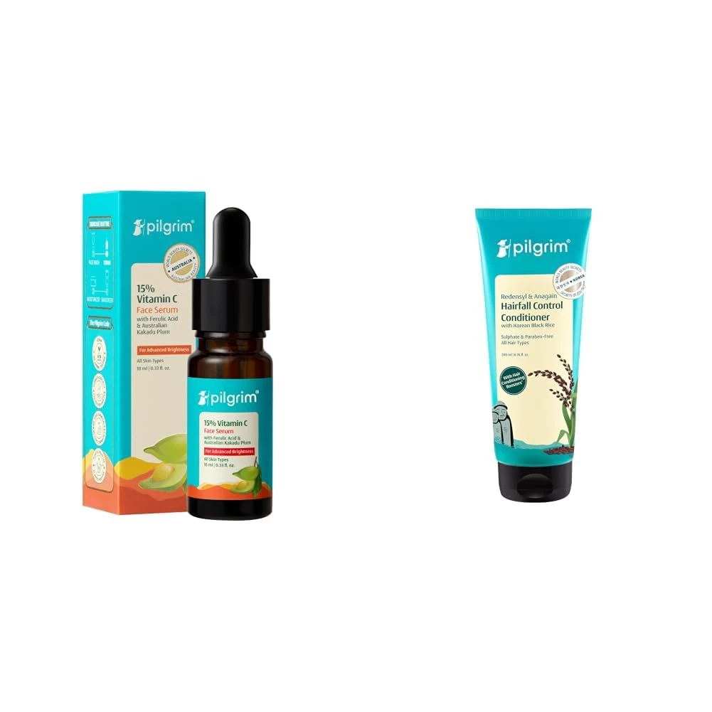 Pilgrim 15% Vitamin C Serum 10ml for Glowing Skin with Ferulic Acid & Kakadu Plum & Anti Hairfall Conditioner with Redensyl & Anagain 200ml