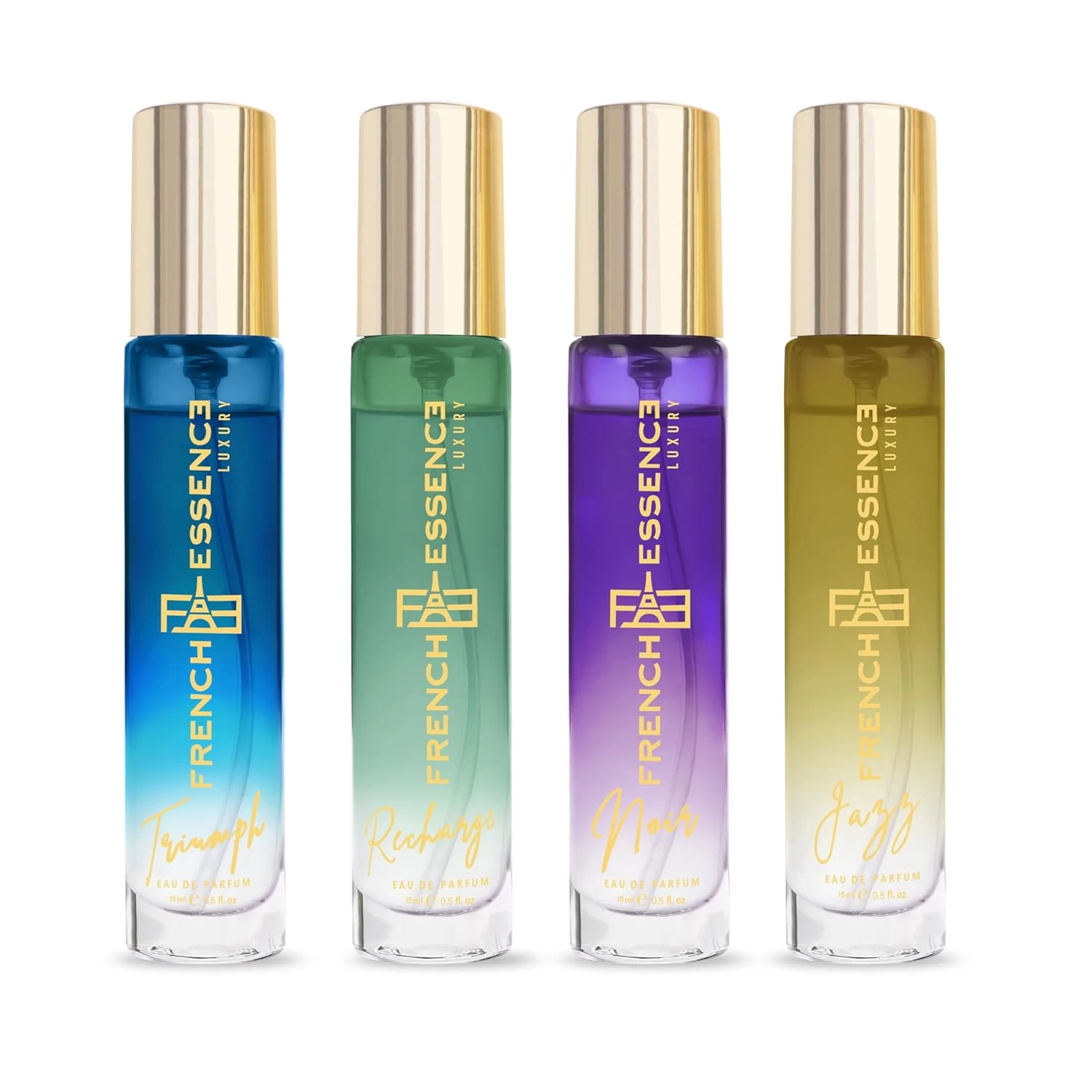 French Essence Luxury Eau De Parfum Gift Set for Men with Triumph, Recharge, Noir & Jazz | Long Lasting 15ml X 4 Fragrance 60ml