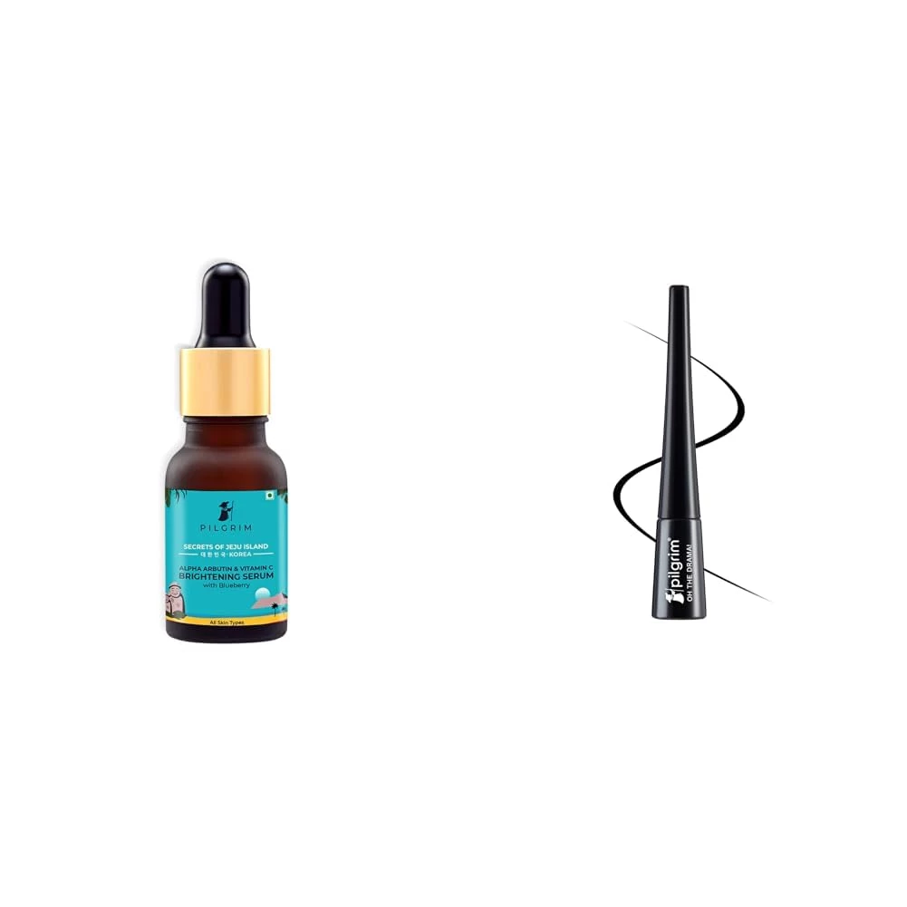 Pilgrim Korean 2% Alpha Arbutin & 3% Vitamin C Brightening Face Serum (Mini - 5 ml) for glowing skin & Black Scandal Eyeliner Pencil Intense Matte Finish Smudge Proof Pencil Enriched With Argan Oil