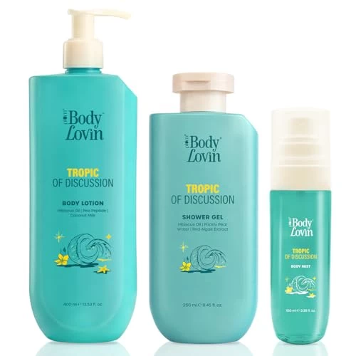 Plum BodyLovin’ Tropic Of Discussion Bath & Body Combo | Body Lotion 400 ml + Shower Gel 250 ml + Body Mist 100 ml | Fresh Tropical Fragrance
