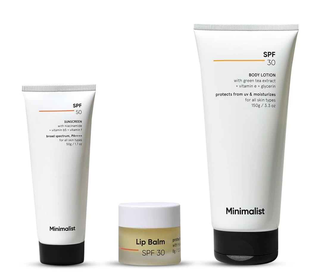 Minimalist Sun Protection & Anti-Tanning Body Care Kit SPF 50 Sunscreen + SPF 30 Body Lotion + SPF 30 Lip Balm
