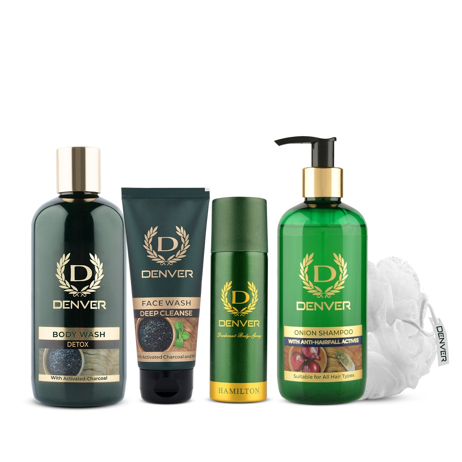 Denver Combo Of Body Wash Detox 325ml, Hamilton Nano Deo 50ml, Deep Cleanse Face Wash 50gm, Onion Shampoo 300ml