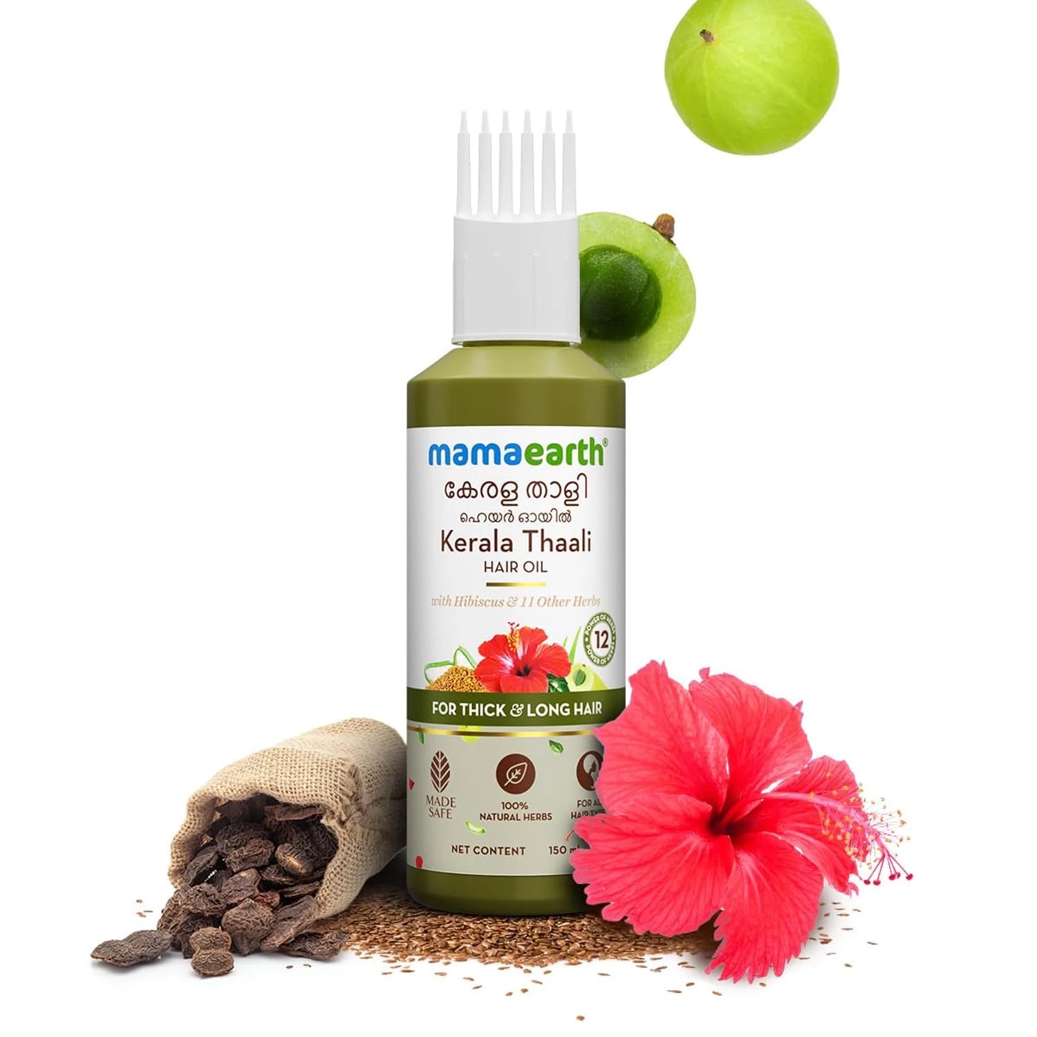 Mamaearth Kerala Thaali Hair Oil with Hibiscus, Bhringraj, Methi Dana & Amla for Thick & Long Hair - 150 ml | Stimulates Hair Growth | Nourishing Thali | 100% Natural Herbs | 12 Potent Herbs