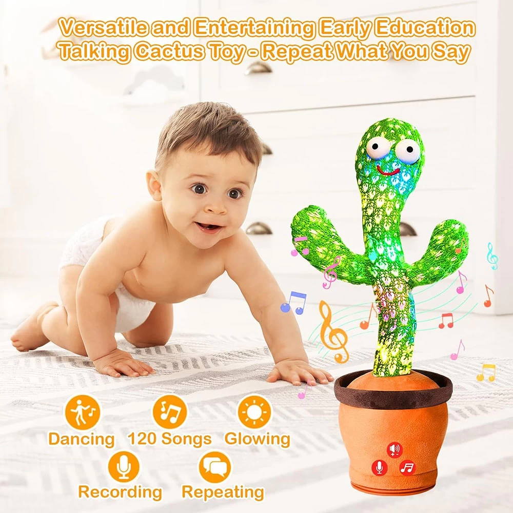 Dancing Cactus Toy for Kids (1 Year Warranty) Talking Singing Children Baby Plush Electronic Toys Voice Recording Repeats What You Say LED Lights