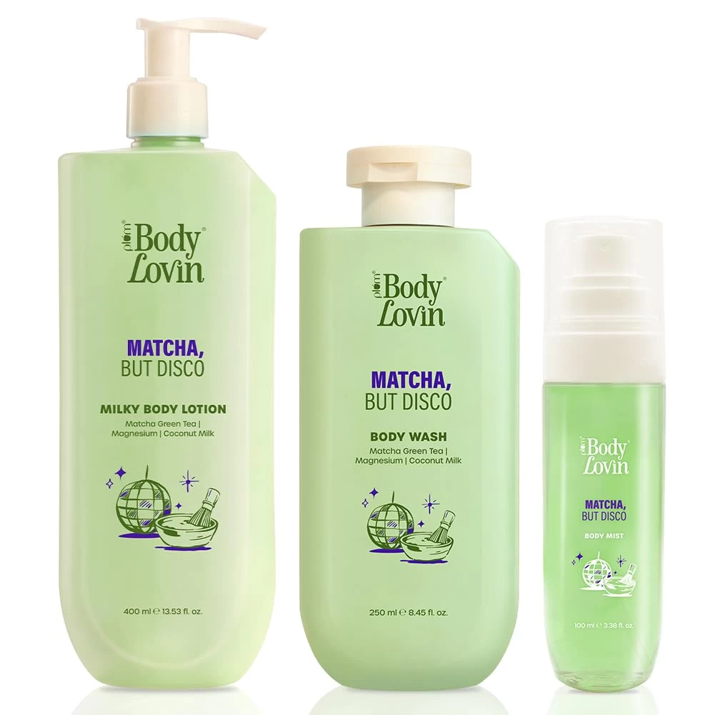 Plum BodyLovin’ Matcha, But Disco Bath & Body Combo | Lotion 400 ml + Shower Gel 250 ml + Mist 100 ml | Lactonic Matcha Fragrance