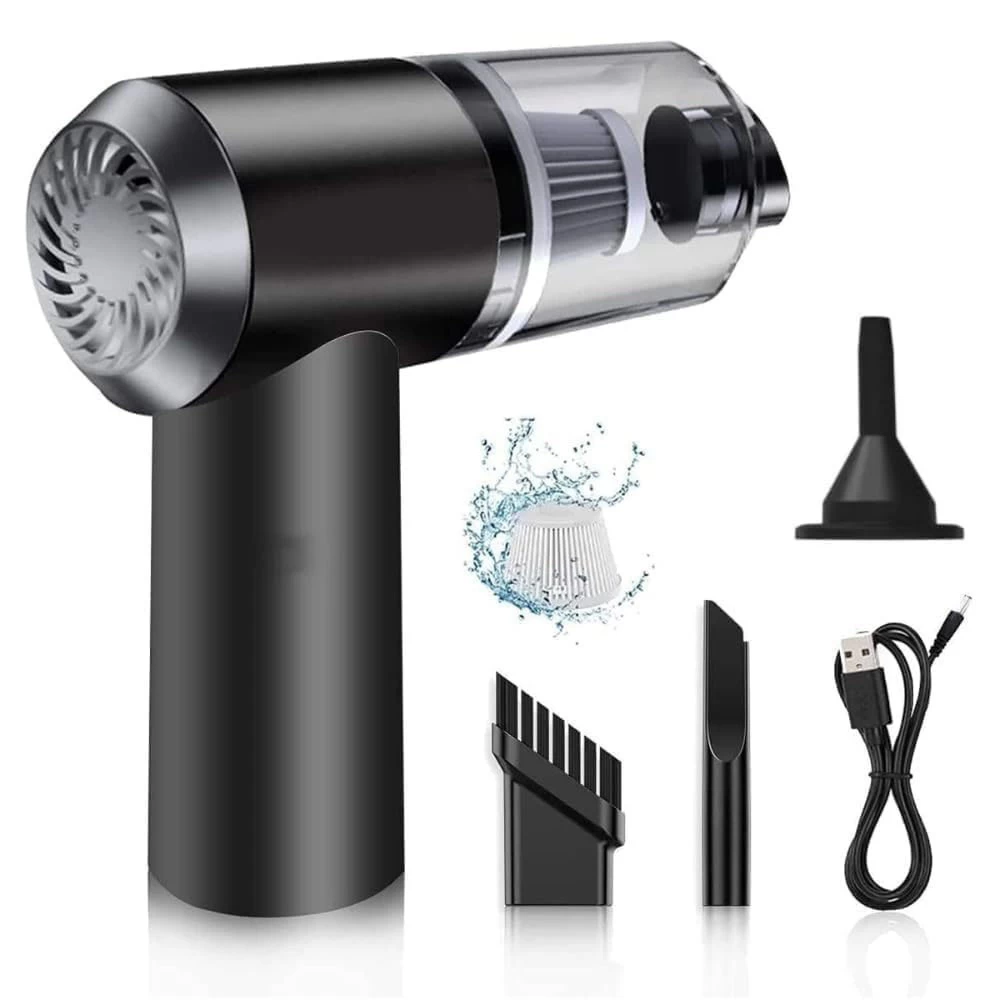 Car Vacuum Cleaner 3-in-1 – Portable USB Powered Handheld Vacuum with Attachments, High-Power Compressed Air Duster & Pet Hair Cleaner for Car, Desktop & Home (Black)