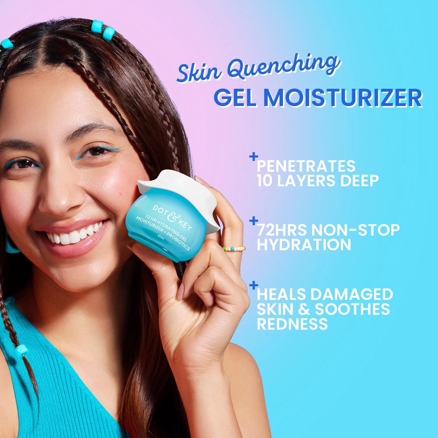 DOT & KEY 72HR Hydrating Gel Moisturizer + Probiotics For Face, For Oily Combination Skin, Non-Stop Hydration, With Hyaluronic + 5 Ceramides, Lightweight, Non-Sticky, Non-Greasy, Heals Damaged Skin | 