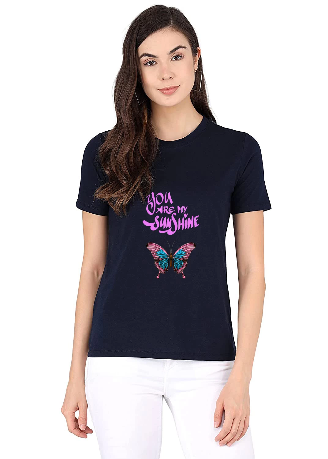 Women's Regular Trendy BLU Butterfly Printed 100% Cotton T-Shirt for Women & Girls