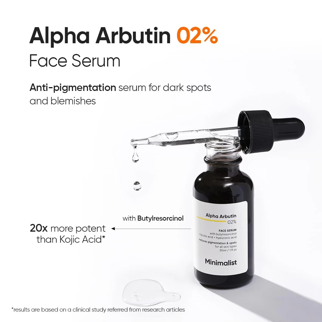 Minimalist Dark Spots Removal Serum with 2% Alpha Arbutin for Hyperpigmentation | Suitable for All Skin Type | Face Serum for Blemishes, Acne Marks & Tanning with Hyaluronic Acid| Fragrance-Free & Non