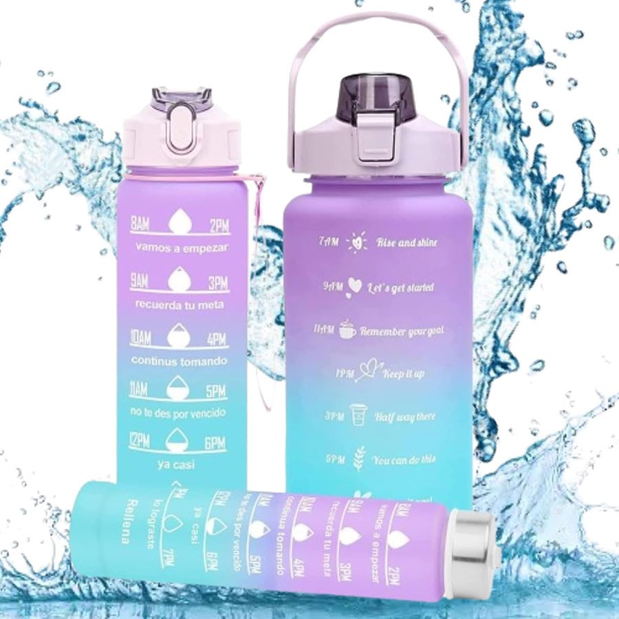 Multicolor Leakproof Water Bottles (2L, 900ml, 300ml) with Motivational Time Markers – Perfect for Fitness, Work, and On-the-Go Hydration