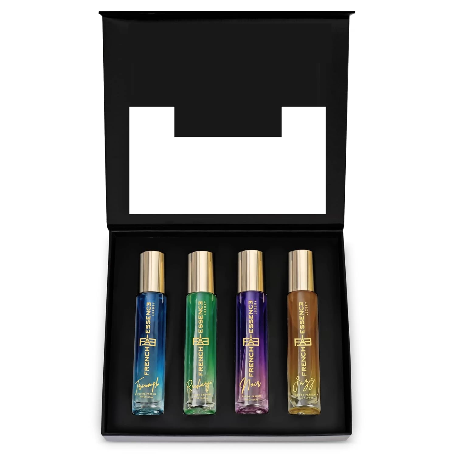 French Essence Luxury Eau De Parfum Gift Set for Men with Triumph, Recharge, Noir & Jazz | Long Lasting 15ml X 4 Fragrance 60ml
