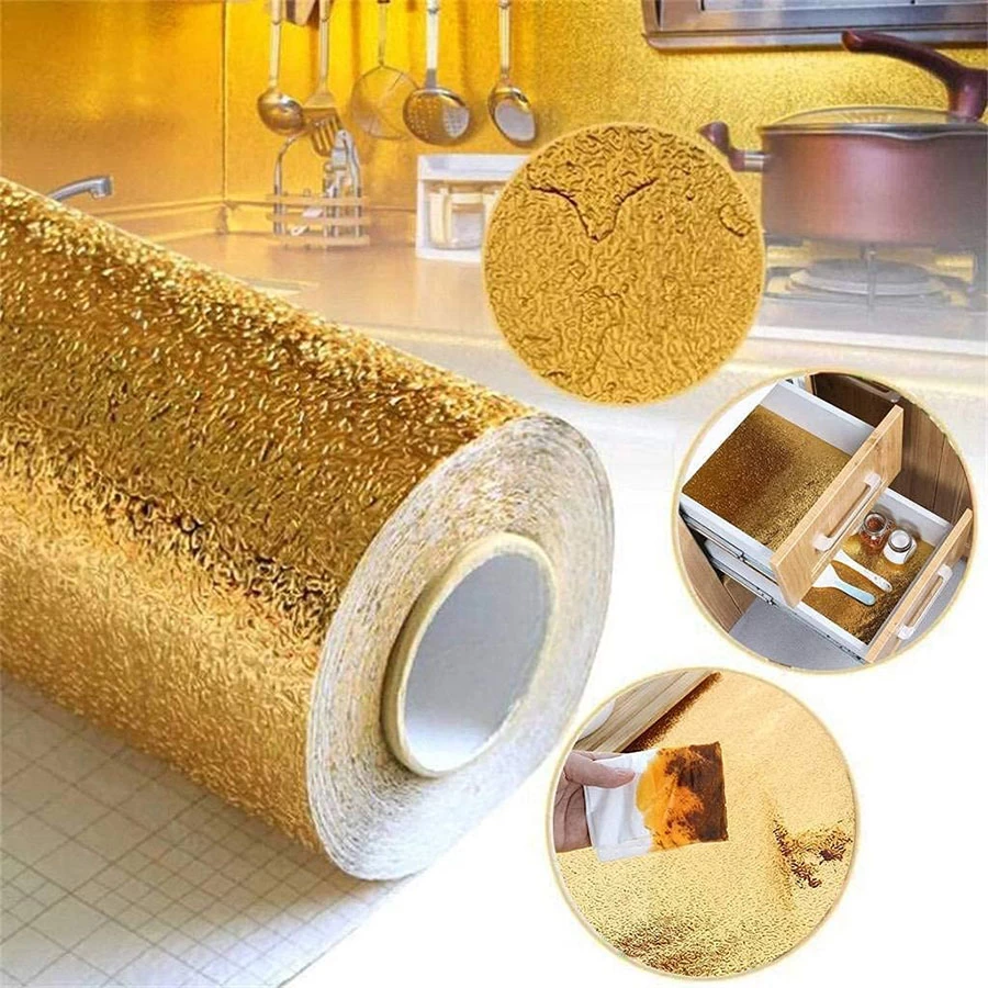 Kitchen Oil Proof Aluminium Foil Stickers, Self-Adhesive Wall Sticker Waterproof Anti-Mold and Heat Resistant, Kitchen Backsplash Wallpaper. (Golden Flower) Self Adhesive Sticker (Pack of 1)