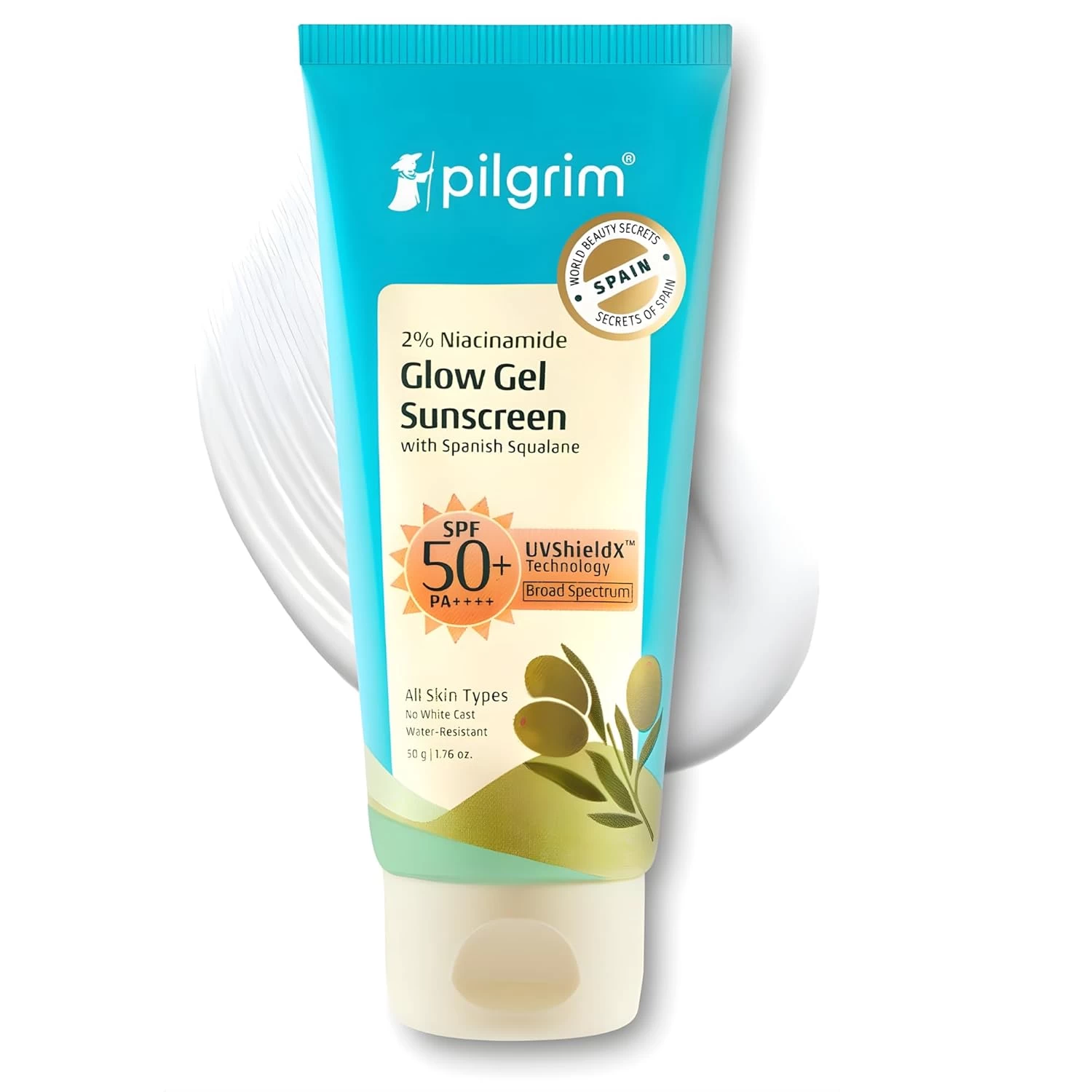 Pilgrim 2% Niacinamide Glow Sunscreen SPF 50 +++ for Women and Men with Spanish Squalane | Enhances Glow, Broad spectrum, Non-greasy, No white cast & Prevents Tanning | All skin types - 50 g