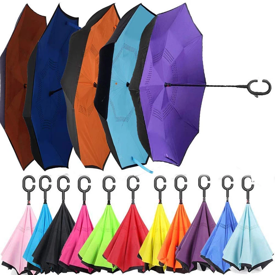 promise plus group Double Layer Inverted Colourful Umbrella for Men-Women with C-Shaped Handle Anti UV Protection Waterproof-Windproof Car Rain Outdoor Use Umbrella (Random Colors) (C- Shape Umbrella)
