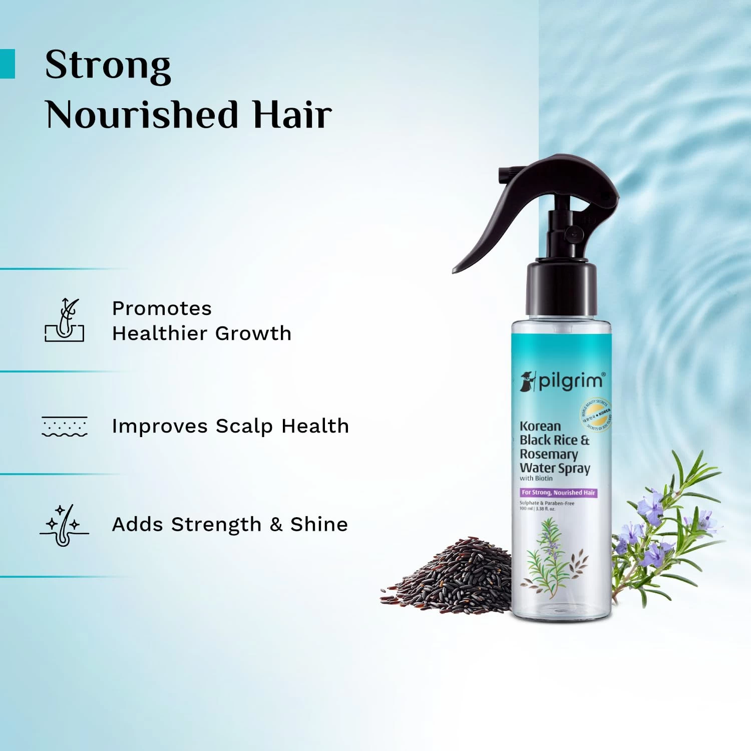 Pilgrim Korean Black Rice and Rosemary Water Spray With Biotin for Hair Growth 100ml | Hair Spray for Regrowth | Thicker & Stronger Hair | Sulphate & Paraben Free I For Women & Men