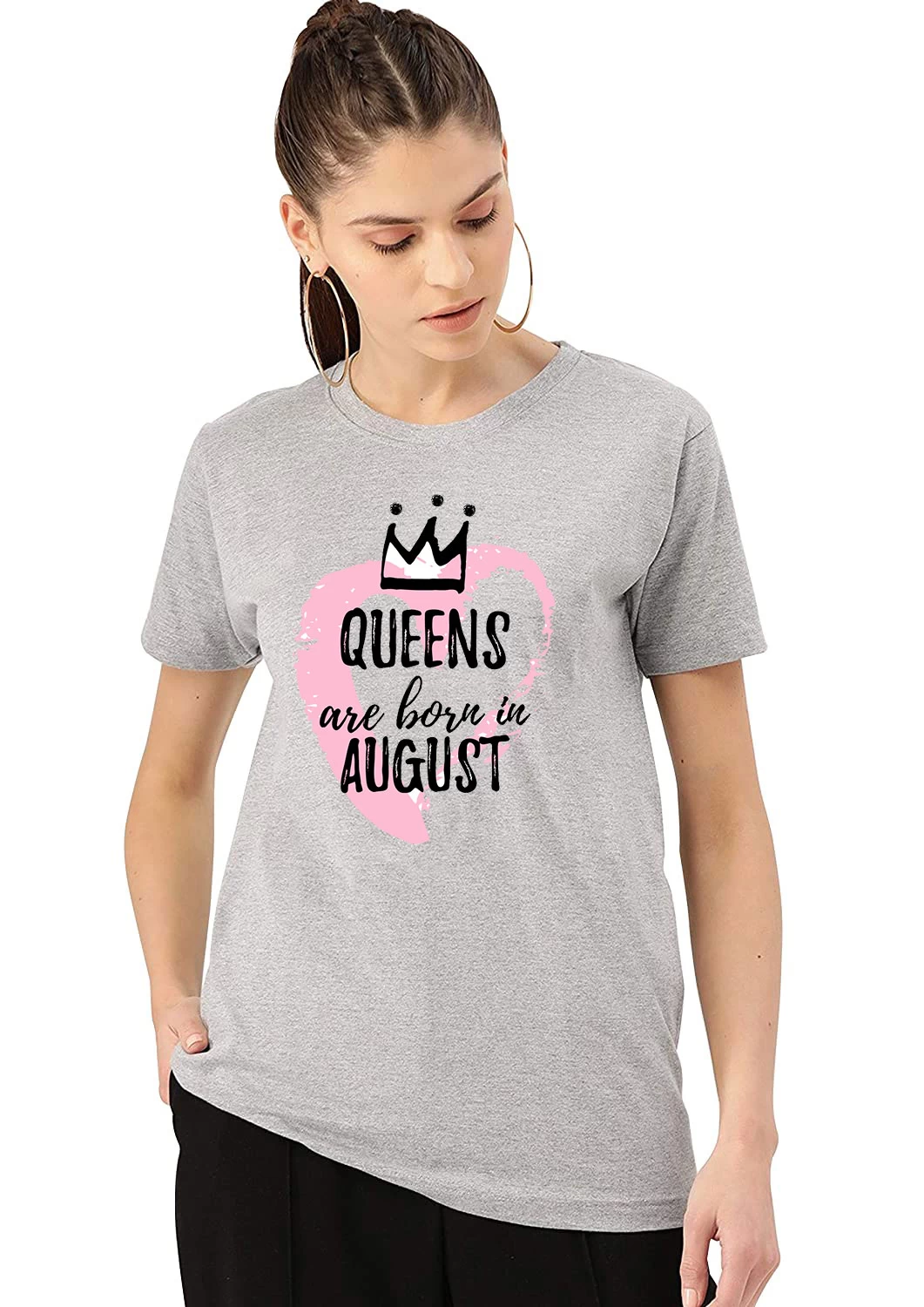 I KING Women Printed, Typography Round Neck Cotton Blend Grey T-Shirt