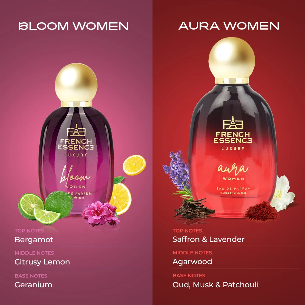 French Essence Bloom + Aura (30ml+60ml) Premium Perfume Set for Women (Pack of 2)