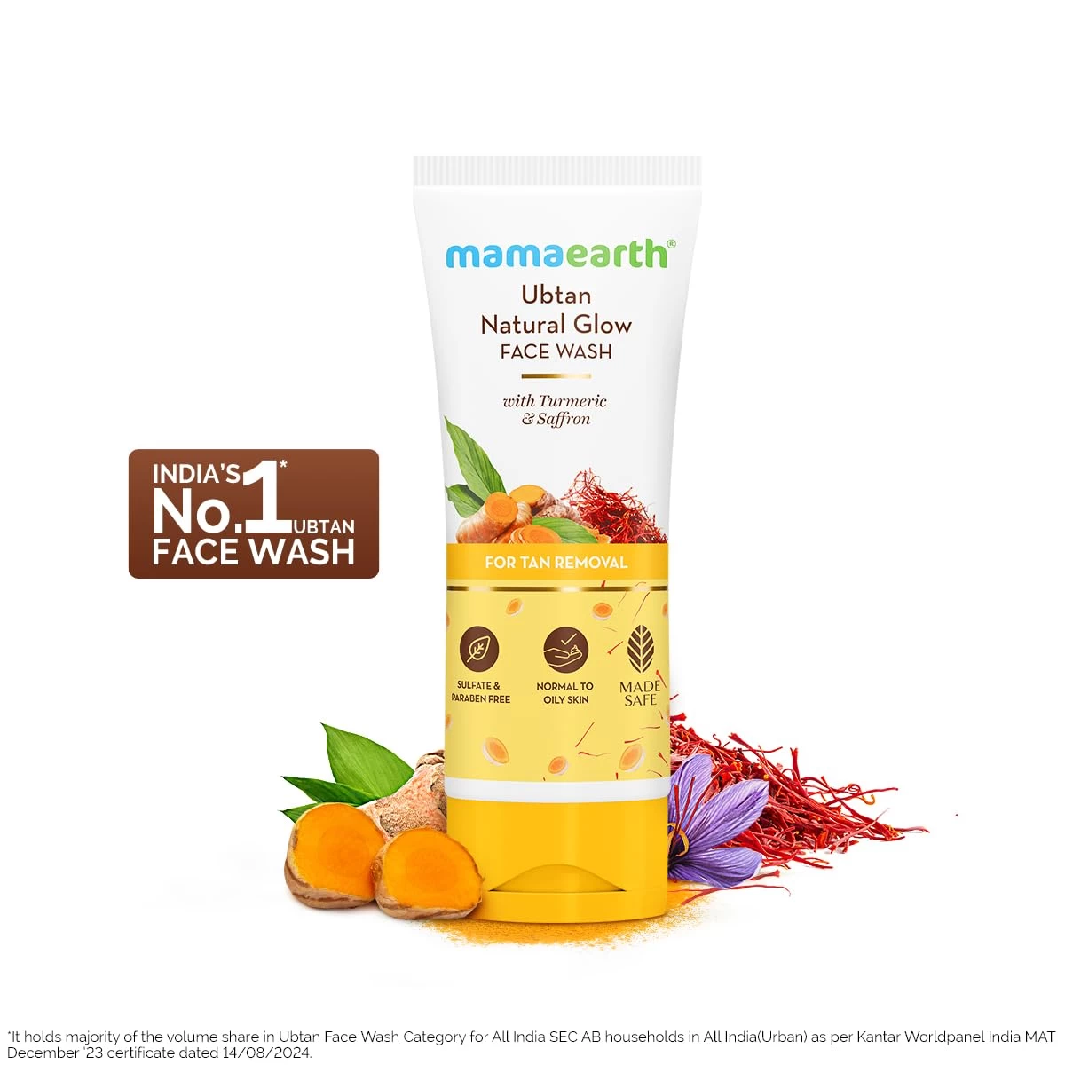 Mamaearth Ubtan Natural Glow Face Wash with Turmeric & Saffron | For Tan Removal & Skin brightening | SLS & Paraben Free | For All Skin Type | For Men & Women
