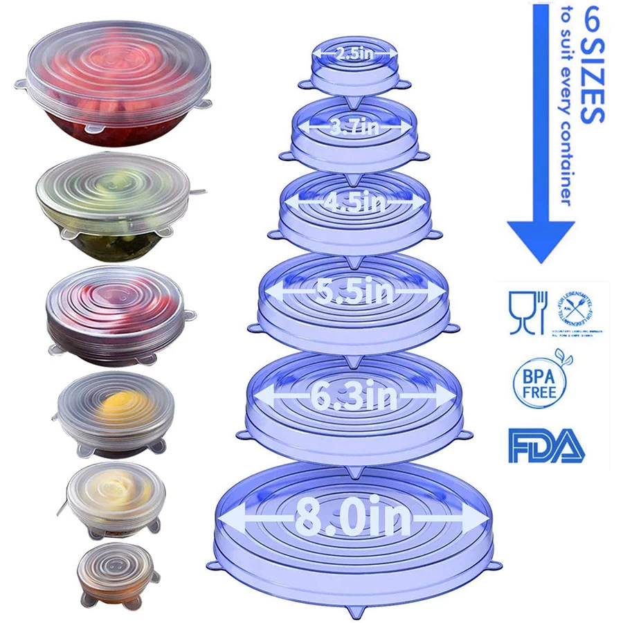 Bowl Covers Stretch Lids for Food Storage in Fridge | Reusable Food Grade Kitchen Storage Lid Covers (1Set of 6Pcs)