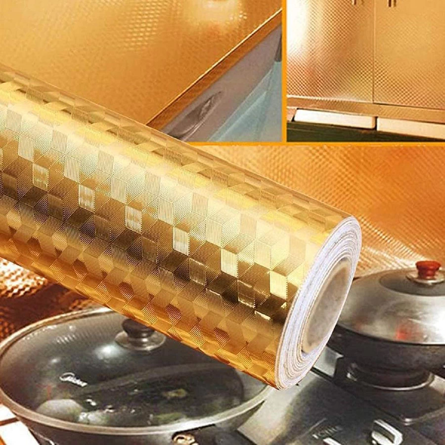 508 cm Gold Wallpaper Self Adhesive Aluminum Foil Waterproof Wall Paper for Kitchen Self Adhesive Sticker (Pack of 1)