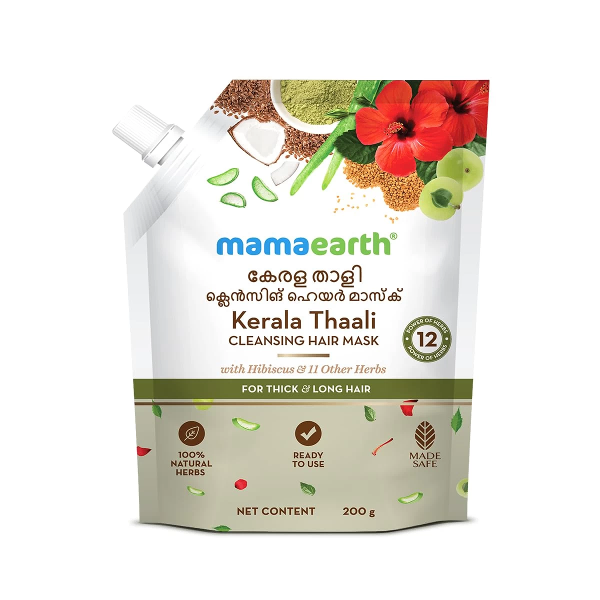 Mamaearth Kerala Thaali Cleansing Pre-Shampoo Hair Mask with Hibiscus, Shikakai, Amla, Flaxseed for Thick & Long Hair 200g | Ready To Use Thali | Gently Cleanses | Adds Shine | 100% Natural Herbs | 12