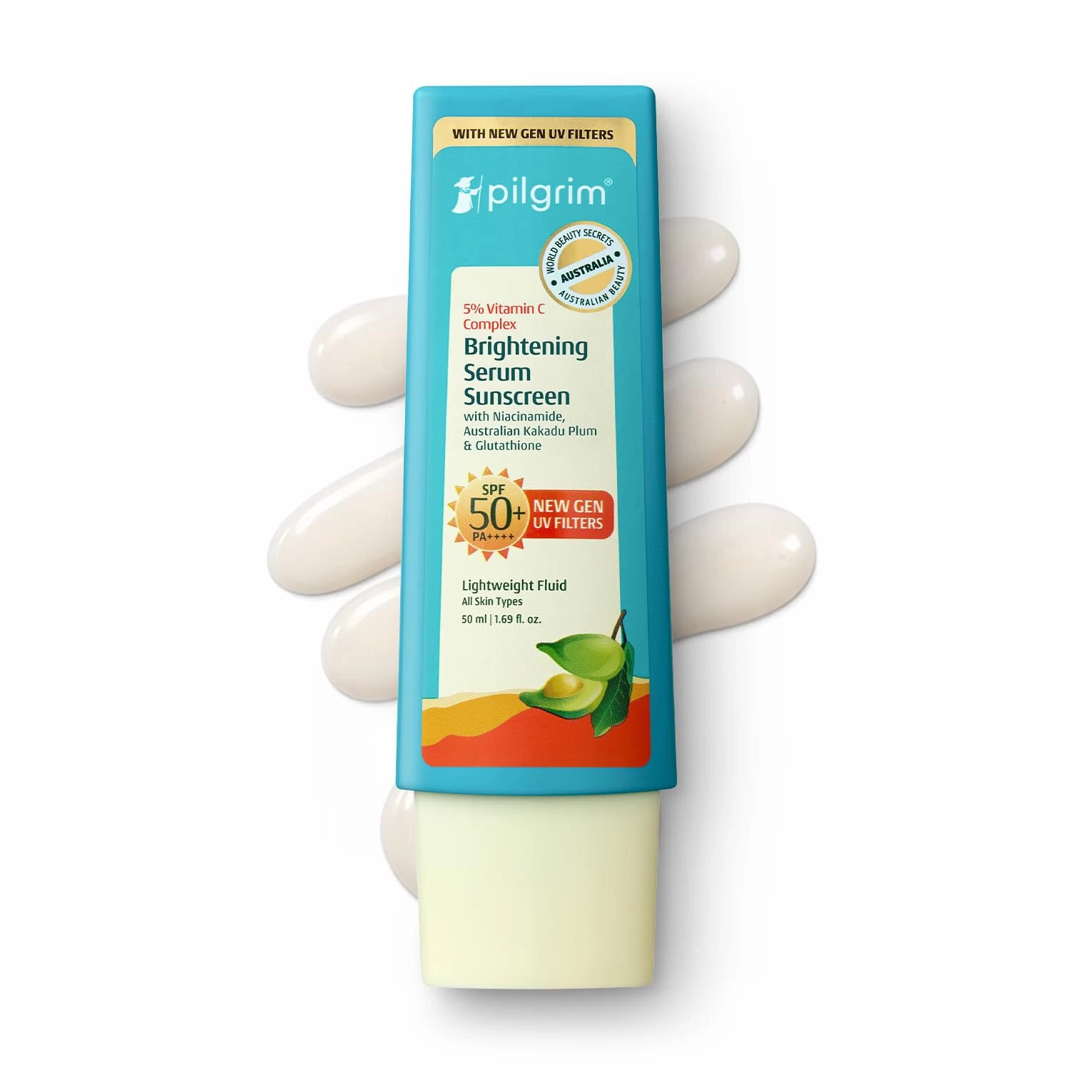 Pilgrim 5% Vitamin C Brightening Serum Sunscreen SPF 50+ PA++++ with Niacinamide & Glutathione | InVivo Tested New Gen UV Filters Broad Spectrum Sun Protection Gel | No White Cast