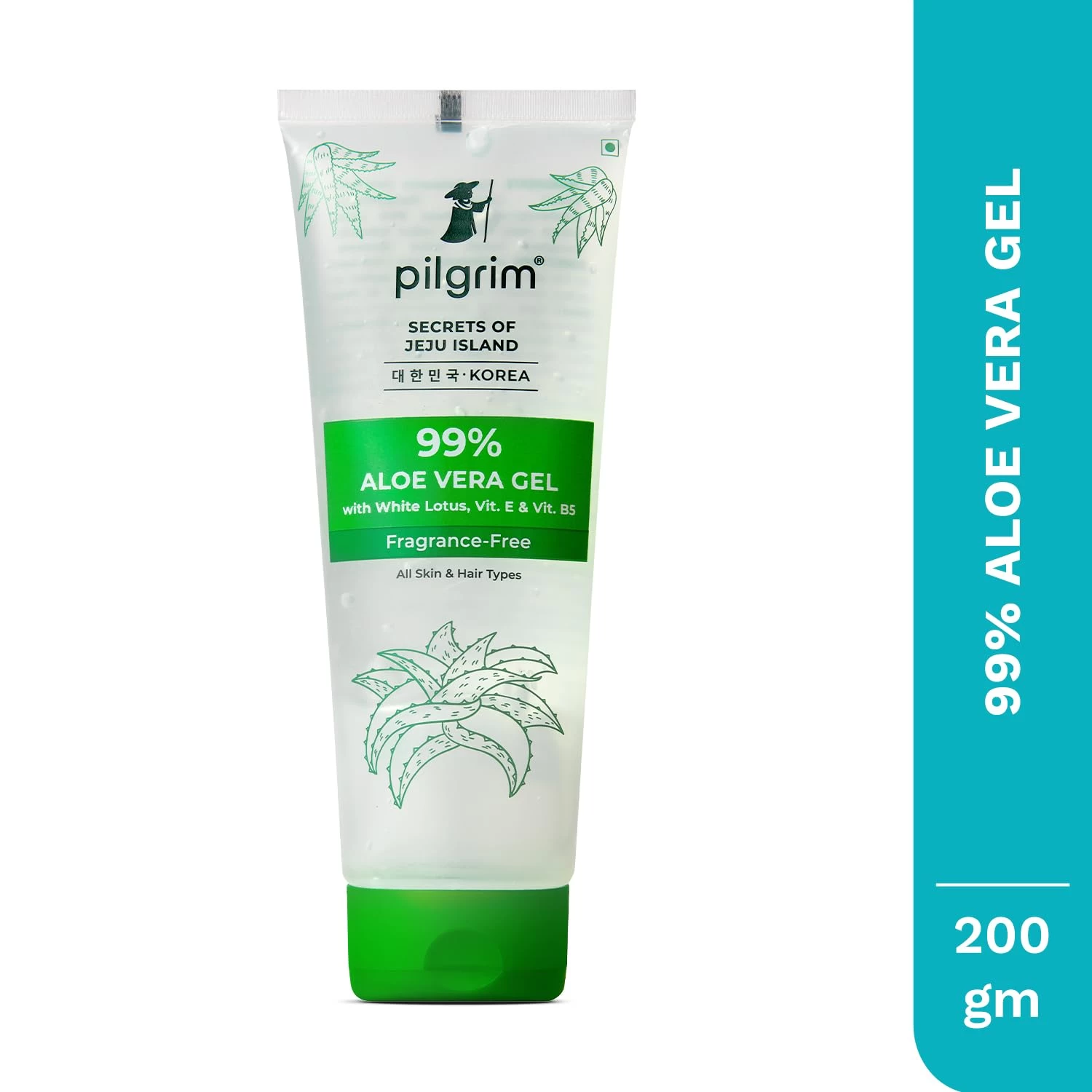 PILGRIM Korean 99% Pure Aloe Vera Gel 200ml with Vitamin E & Vitamin B5 for Face & Hair | Hydrates & Soothes Skin | Conditions & Softens Hair | Free from Parabens, Sulphates, Mineral Oils & Fragrance 
