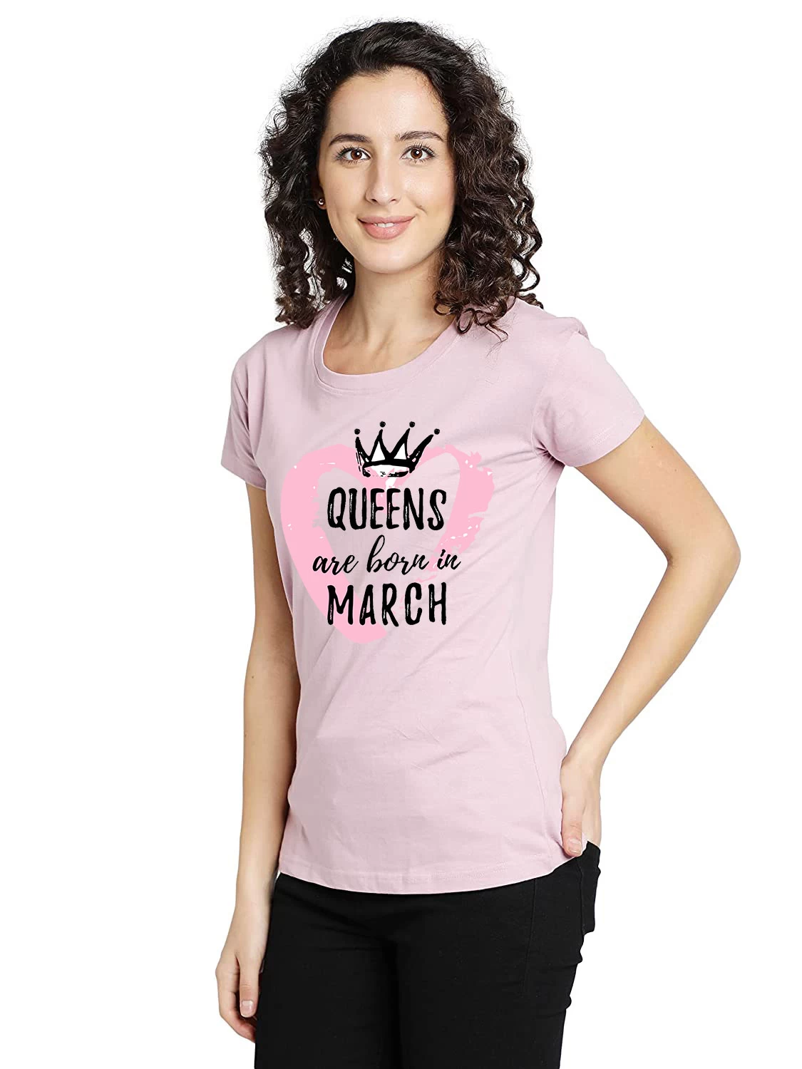 I KING Women Printed Round Neck Polycotton Pink T-Shirt