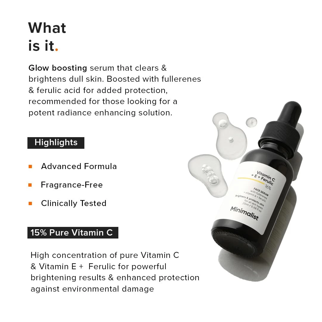 Minimalist 16% Vitamin C Face Serum – Brightening & Glow-Boosting Formula with Vitamin E, Ferulic Acid & Fullerenes, Antioxidant Boost for Radiant Skin