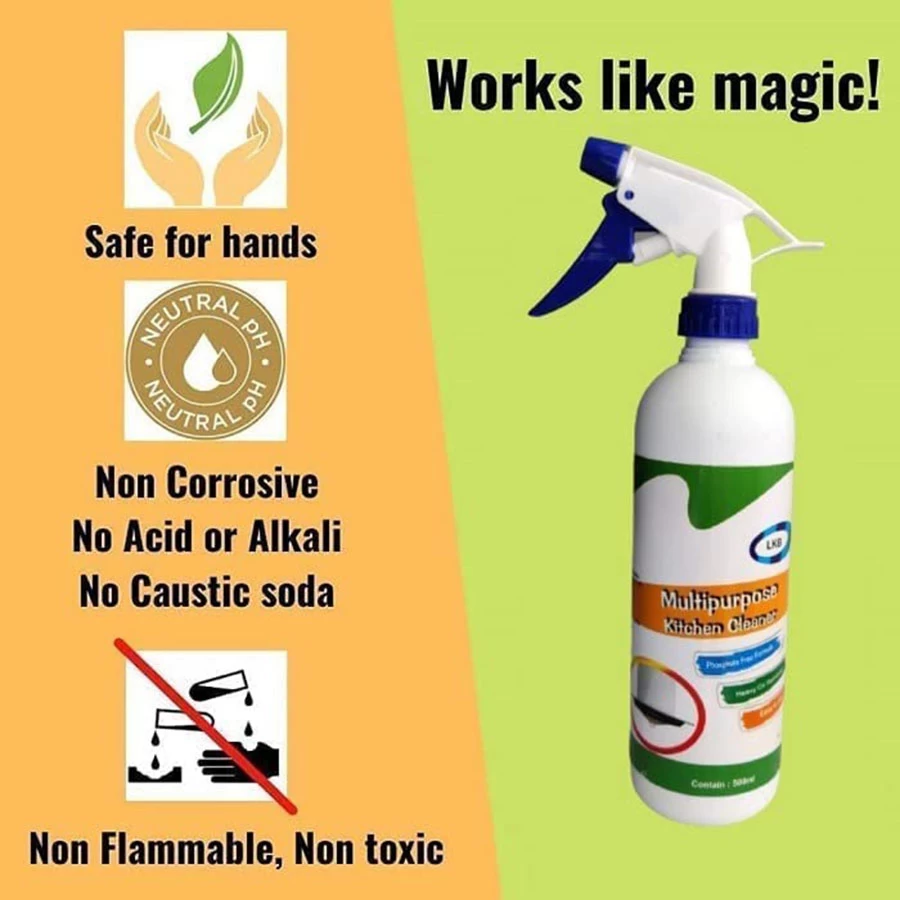 Kitchen Oil & Grease Cleaner Spray 500 ml, Kitchen Degreaser Stain Remover for Chimney, Gas Stove, Grill, Kitchen Hood, Tiles, Walls & Sink, Spray and Wipe Cleaning Solution
