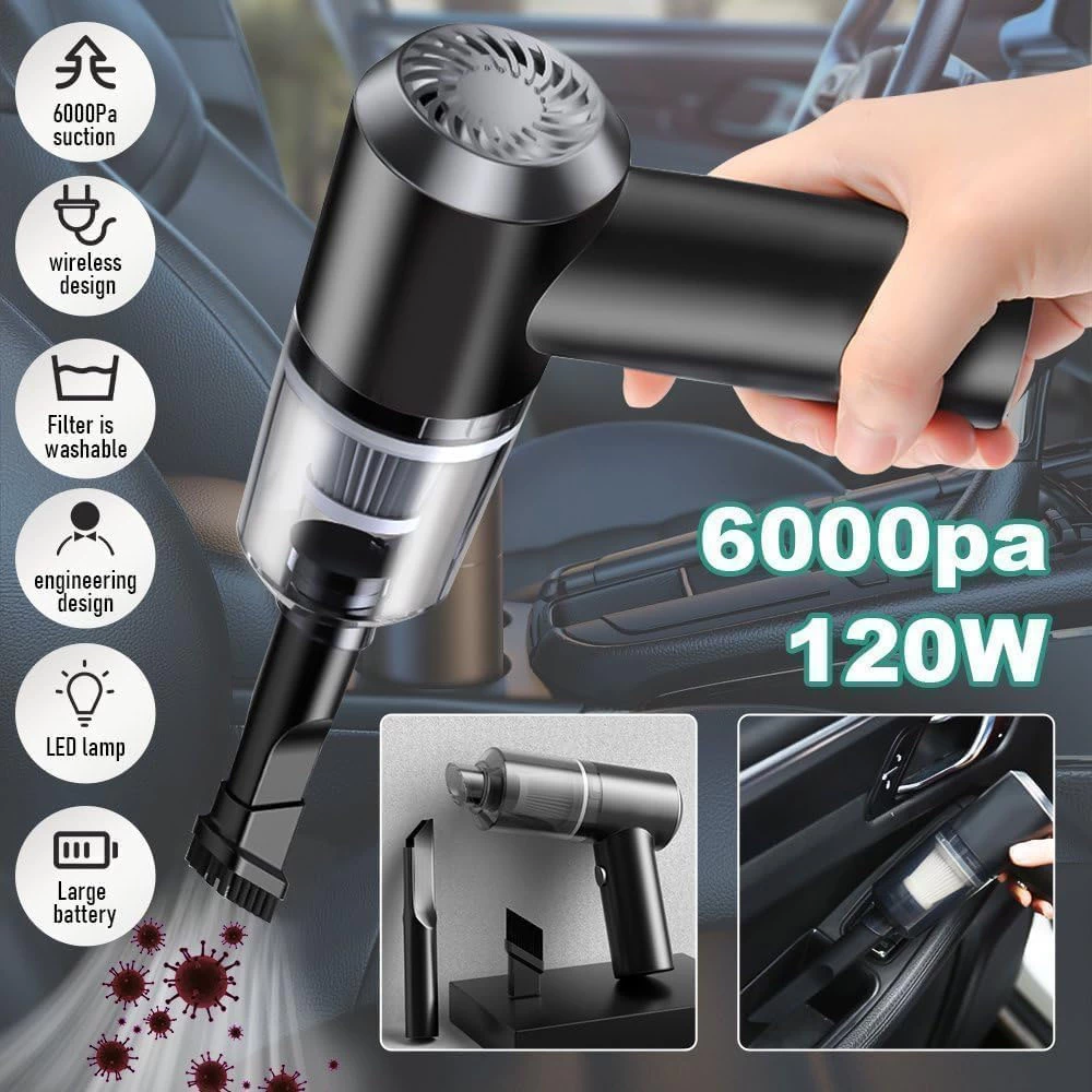 Car Vacuum Cleaner 3-in-1 – Portable USB Powered Handheld Vacuum with Attachments, High-Power Compressed Air Duster & Pet Hair Cleaner for Car, Desktop & Home (Black)