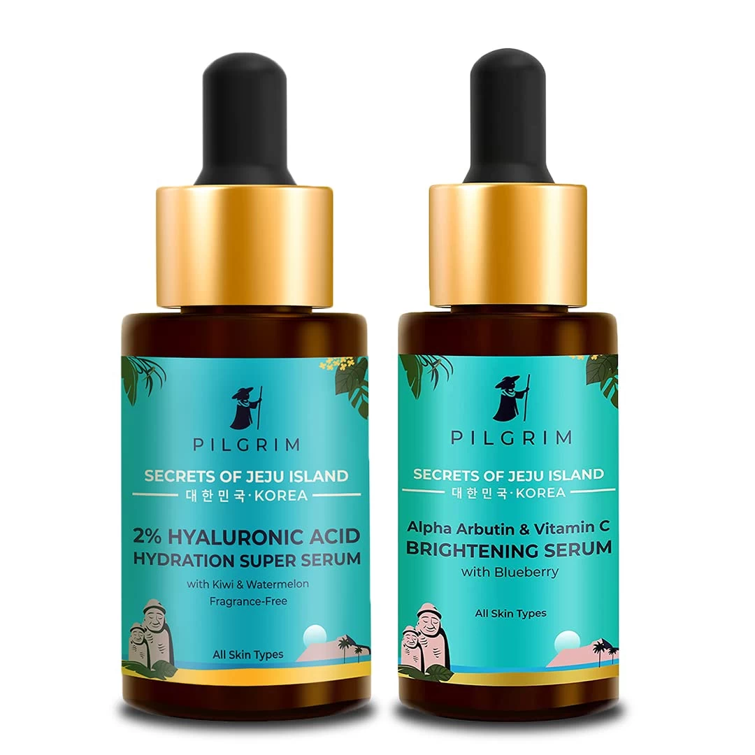 Pilgrim Glow Booster Combo | 2% Hyaluronic Acid Hydration Super Serum 30ml, Alpha Arbutin & Vitamin C Skin Brightening Serum 30ml | For Face Pigmentation & Radiant Skin | Korean Skin Care